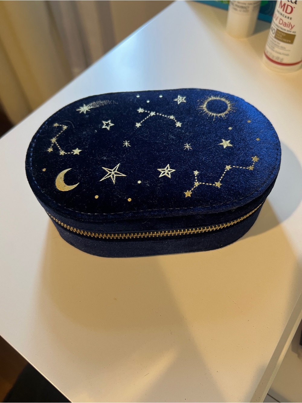 Navy Velvet Star & Constellation Jewelry Case with Gold Accents